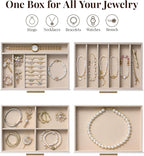 pickpiff Jewelry Box Organizer Case for Women: 4-Layer Jewelry Storage Case with Glass Window, Pure White Leather with Velvet