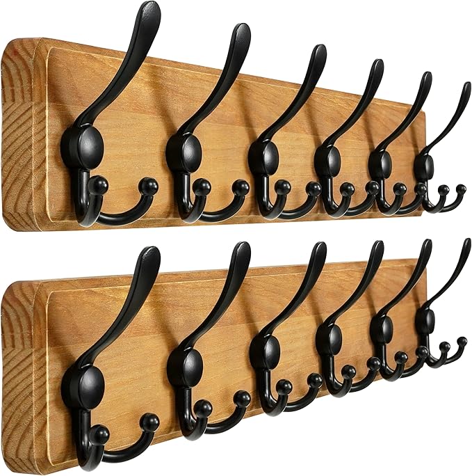 Dseap Coat Rack Wall Mounted - 24" Long 6 Tri Hooks, Heavy Duty Wooden Wall Coat Hanger Coat Hook for Clothes Hat Jacket Clot