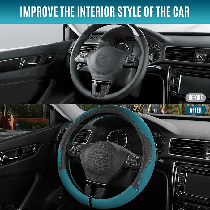 PIC AUTO Steering Wheel Cover, Black Patterned & Blue Leather Patchwork Design, Universal Fit 14.5"–15.5", Anti-Slip, Odor-Fr