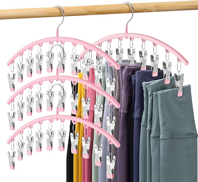 Legging Organizer for Closet, Metal Yoga Pants Hangers 4 Pack w/10 Clips Holds 40 Leggings, Space Saving Hanging Closet Organ