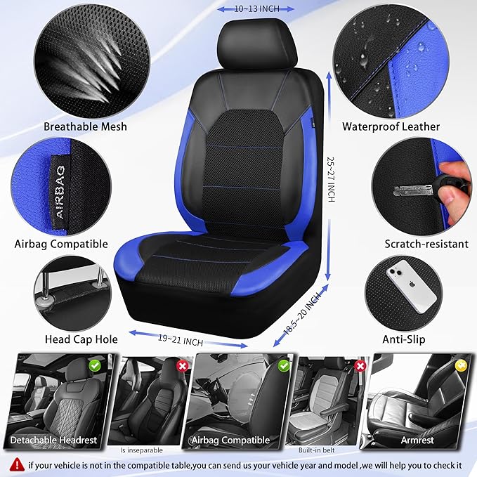 CAR PASS Leather Car Seat Covers Front Seats Only, with Air Mesh Front Seat Covers Breathable, Cool Automotive Seat Cover 2 P