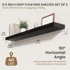 40 Inch Floating Shelves | 6.5 Inch Deep Black Floating Shelves Set of 2 | 40" W x 6.5" D Rustic Black Wood Wall Shelves with