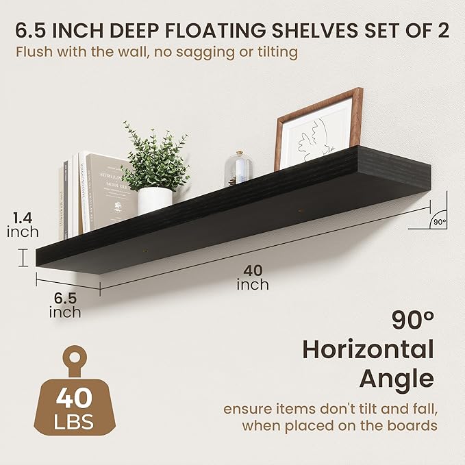 40 Inch Floating Shelves | 6.5 Inch Deep Black Floating Shelves Set of 2 | 40" W x 6.5" D Rustic Black Wood Wall Shelves with