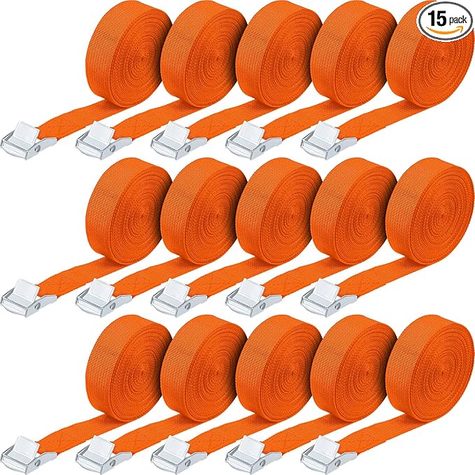 Riakrum 15 Pack 16 Feet Lashing Straps Adjustable Kayaks Tie Down Cam Buckle Straps with Buckles up to 250lbs for Cargo, Luggage, Motorcycles, Truck, Car Roof Rack, Sup Surfboard(Orange)