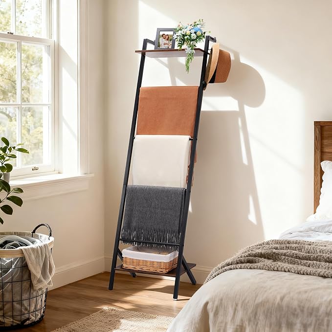 5 Tier Blanket Ladder with Shelf and Hooks, 4.8ft Metal Ladder Shelf Blanket Holder Storage Rack for Living Room, Free Standi