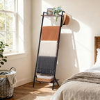 5 Tier Blanket Ladder with Shelf and Hooks, 4.8ft Metal Ladder Shelf Blanket Holder Storage Rack for Living Room, Free Standi