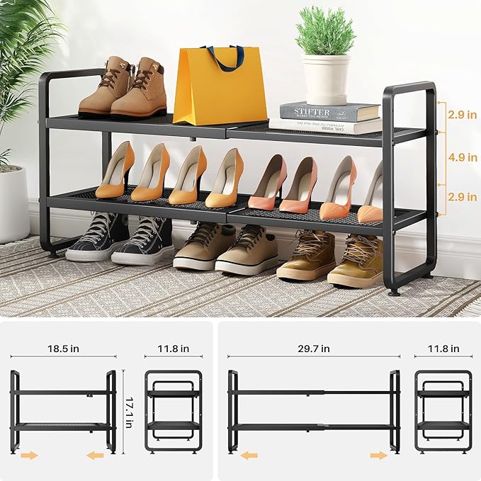 SNTD Shoe Rack - Expandable Shoe Organizer for Closet, Adjustable Metal Shoe Shelf Storage, Stackable Long Shoe Stand Holder 