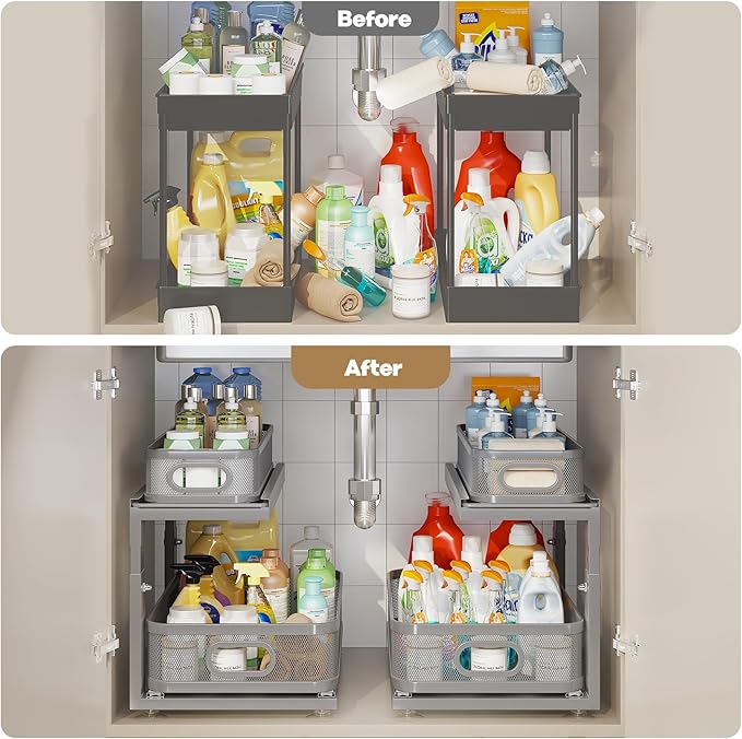 2 Pack 18.5IN-Depth Under Sink Organizer With Next-Gen Ball-Bearing Slides,2-Tier Precision Mesh Pull Out Cabinet Storage for