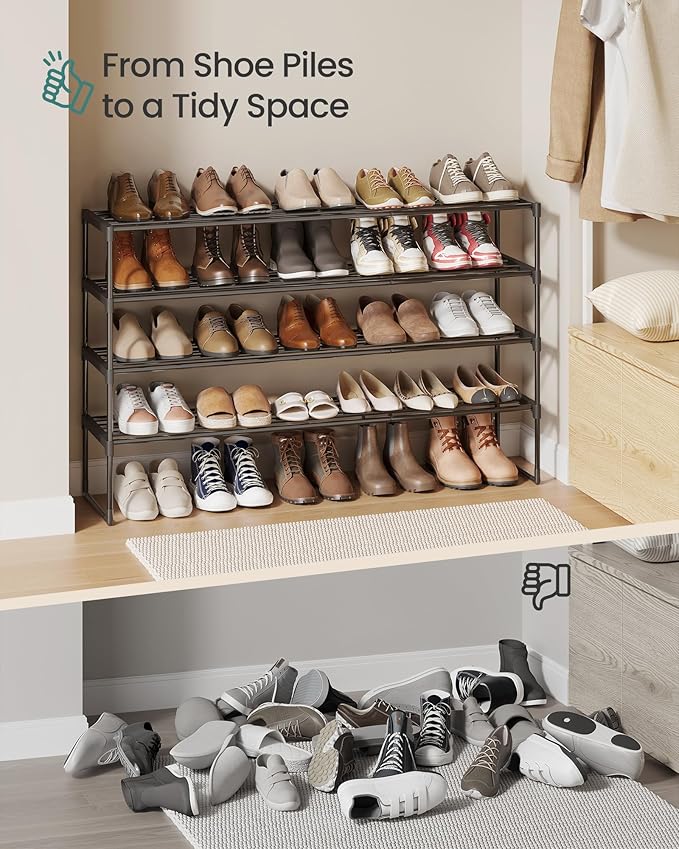 SONGMICS Shoe Rack, 4-Tier Shoe Organizer, Metal Storage Shelf, Upright or Upside Down, for 25-30 Pairs, Stackable, for Entry