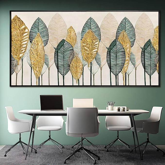 Contemporary Framed Wall Art Green and Gold Wall Decor Leaves Wall Prints Line Wall Posters 29"x58" Living Room Decorations K