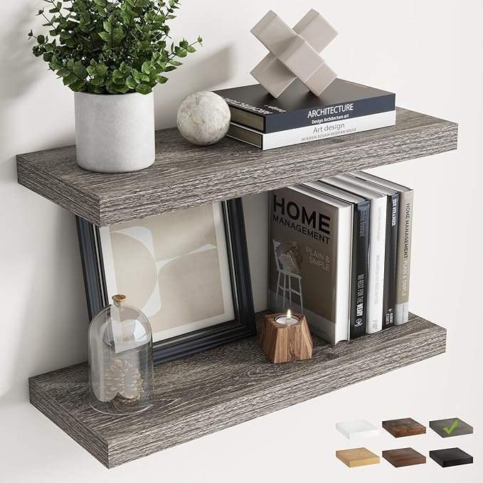 24 Inch Floating Shelves for Wall Set of 2, 8"D Wood Grain Bathroom Shelves with Invisible Brackets, Easy Install Engineered 