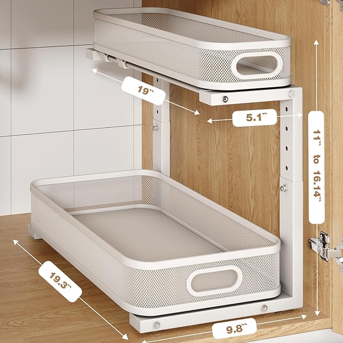 2 Pack 19.3IN-Depth Under Sink Organizer with Smooth Cylindrical Rail,2-Tier Pull Out Multi-Purpose Cabinet Storage for Bathr