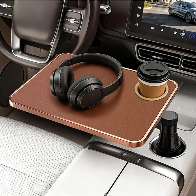 Car Tray & Desk for Laptop, Dual 360° Rotating, Anti-Slip Leather Surface, Steering Wheel Tray, Car Accessories- Compatible with Tesla Model Y/3/S, Ford F150/Explorer/Most Vehicles (Orange)
