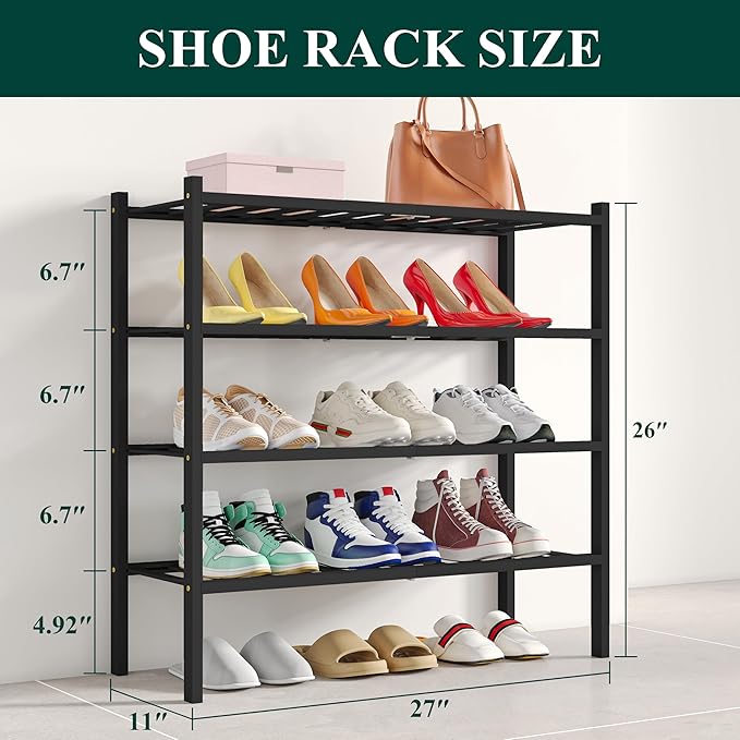 Smiry Shoe Rack, 4 Tier Bamboo Shoe Organizer, Stackable Free Standing Wooden Shoe Storage Shelf for Closet, Entryway, Front 