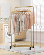 Sakugi Clothes Rack - Clothing Rack with Storage Mesh Shelf & Casters, Heavy-Duty Metal Clothing Rack for Hanging Clothes, Dr