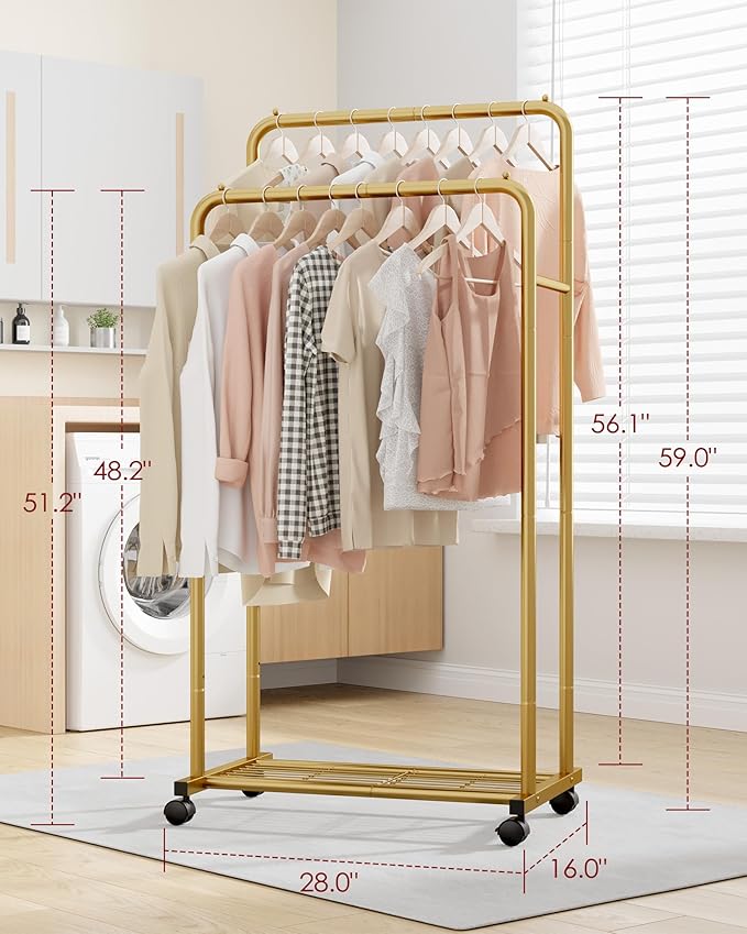 Sakugi Clothes Rack - Clothing Rack with Storage Mesh Shelf & Casters, Heavy-Duty Metal Clothing Rack for Hanging Clothes, Dr