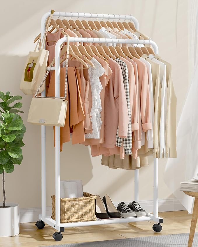 Sakugi Clothes Rack - Clothing Rack with Storage Mesh Shelf & Casters, Heavy-Duty Metal Clothing Rack for Hanging Clothes, Dr