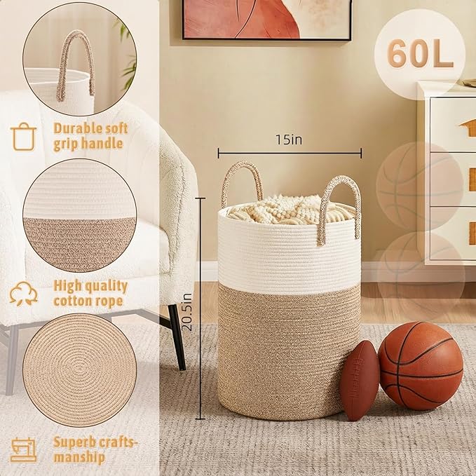 Artfeel Laundry Basket,Woven Cotton Rope Laundry Hamper,60L for Decor Storage of Dirty Clothes,Toys and Blankets in Bathroom,