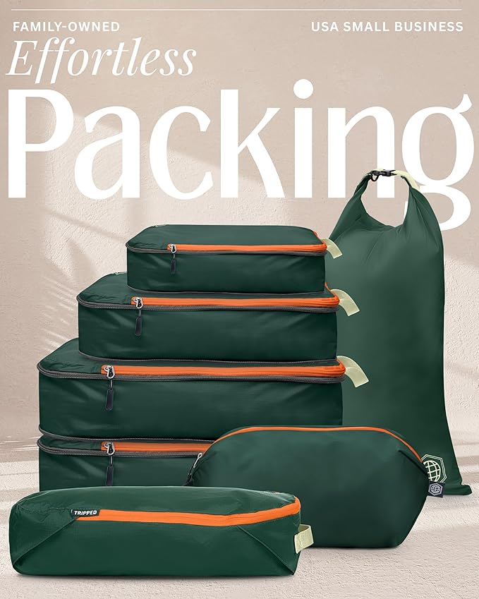 TRIPPED XL Compression Packing Cubes — 7-Piece Set for Checked Luggage | Extra-Large (15.7"×11"×4") + Large + Small + Tube + 