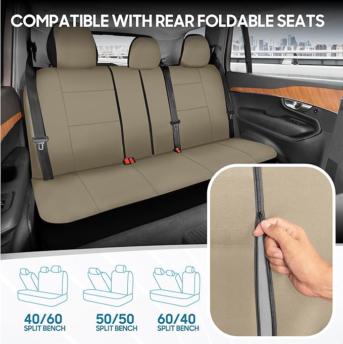 BDK PolyPro Car Seat Covers Full Set in Solid Beige, Front and Rear Split Bench Seat Covers for Cars, Easy to Install Car Sea