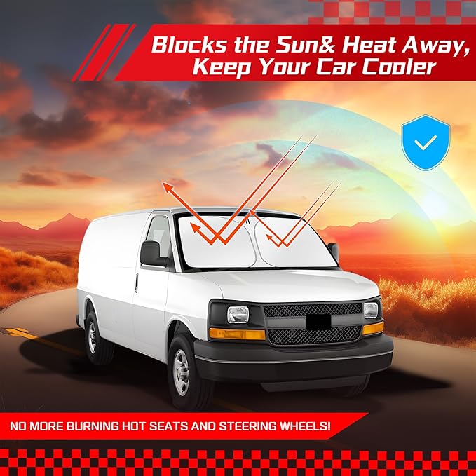 ARISMOTOR Windshield Sun Shade for Che-vrolet Chevy Express Cargo Van 1500 2500 3500 4500 1996-2026, Custom Fit Foldable Front Window Sunshade Sun Visor Protector, Block UV Rays Keep Your Car Cooler