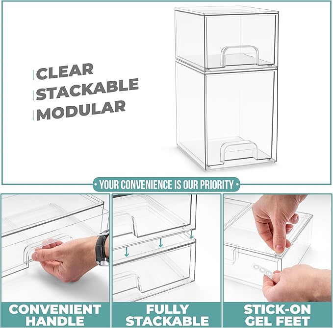 Sorbus Acrylic Storage Containers - 2 Pack, Stackable Storage Bins Set for Bathroom Organization - Clear Acrylic Drawer Organ