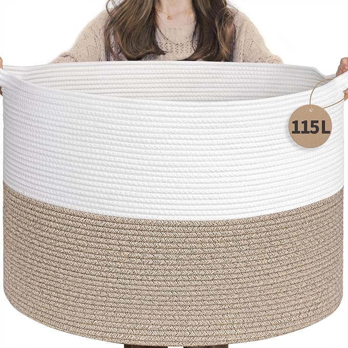 INDRESSME 115L Extra Large Blanket Basket, Soft Cotton Rope Storage Baskets for Organizing Living Room Décor Toy Storage for 