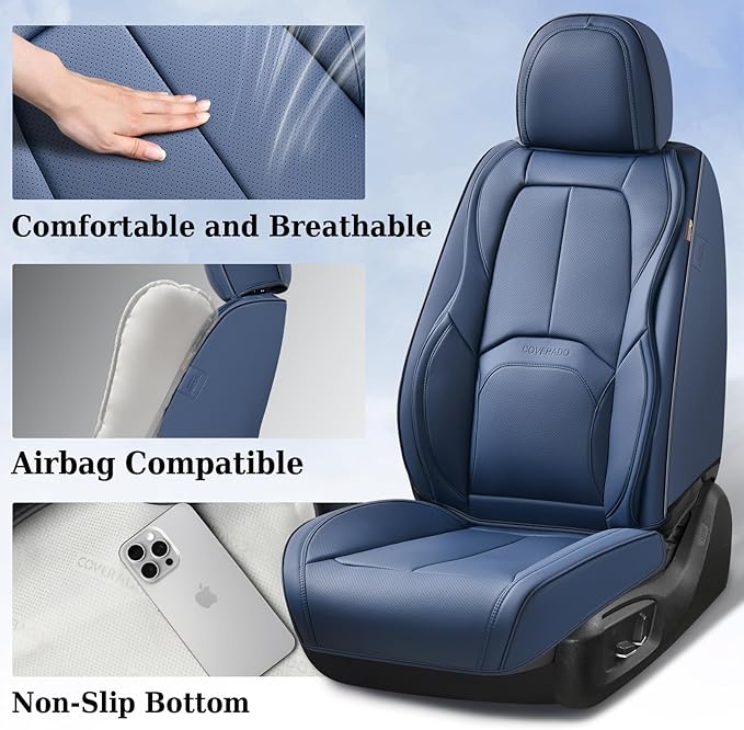 Coverado Car Seat Covers Full Set, Blue Car Seat Cover, Nappa Leather Seat Covers for Cars, Waterproof Car Seat Protector wit