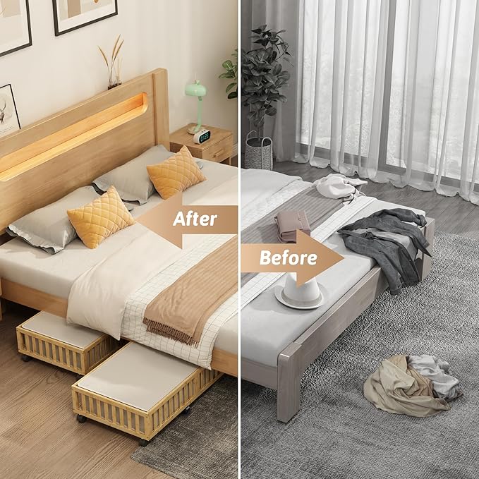 Bamboo Under Bed Storage Containers with Wheels, 2 Pack Large Under the Bed Shoe Storage Bins, Wood Rolling Underbed Drawers 