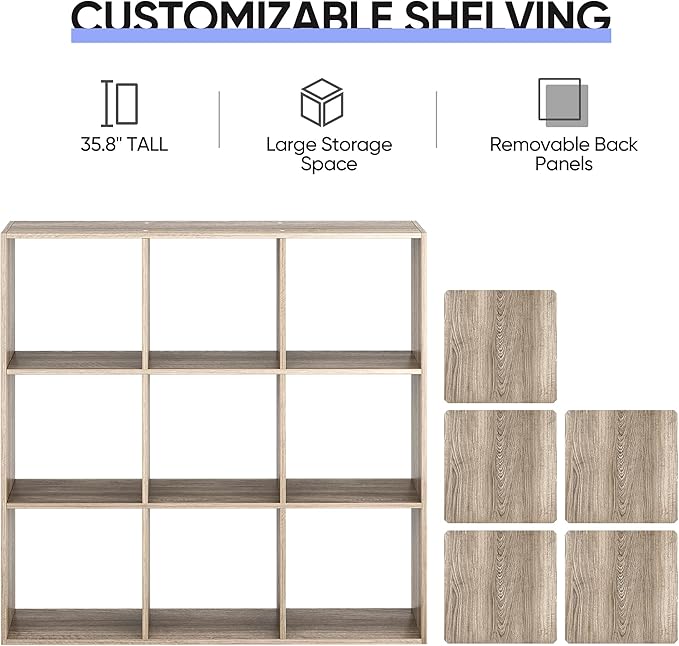 SUPER DEAL 9 Cube Open Shelf Bookcase, 3 x 3 Storage Organizer Shelf with 5 Removable Back Panels Wood Bookshelf System Displ