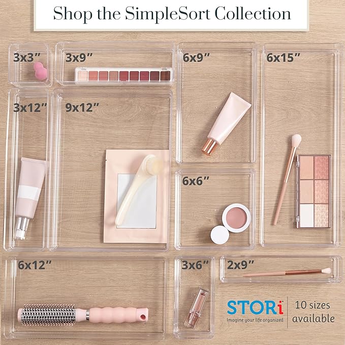 STORi SimpleSort 3-Piece Stackable Clear Drawer Organizer Set | 12" x 6" x 2" Rectangle Trays | Wide Makeup Vanity Storage Bi