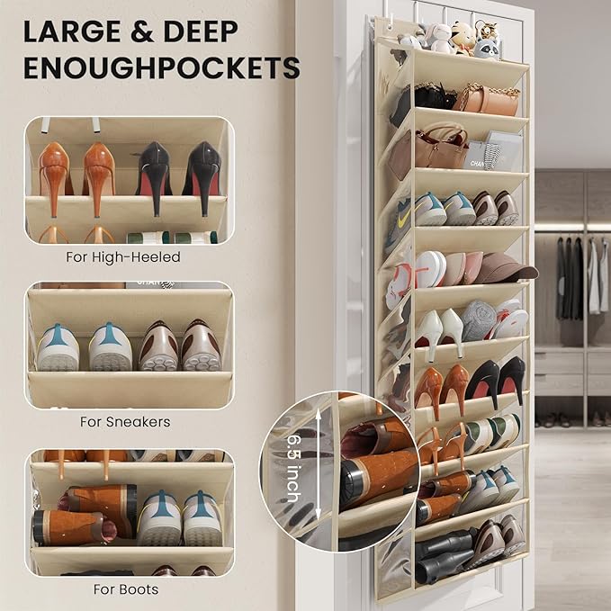 20-25 Pairs Over the Door Shoe Organizer, Clear Pockets Shoe Rack for Closet Door, 10-Tier Hanging Shoe Rack for Boots, Behin