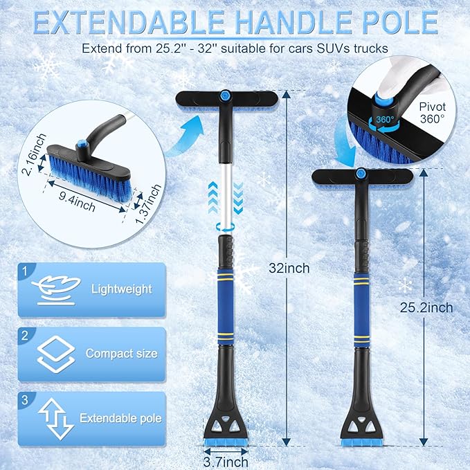 LivTee 32" Extendable Ice Scraper & Snow Brush for Car Windshield, 360° Rotating Snow Removal Tool for Cars, Trucks & SUVs, Automotive Winter Essentials & Car Accessories for Men, Blue