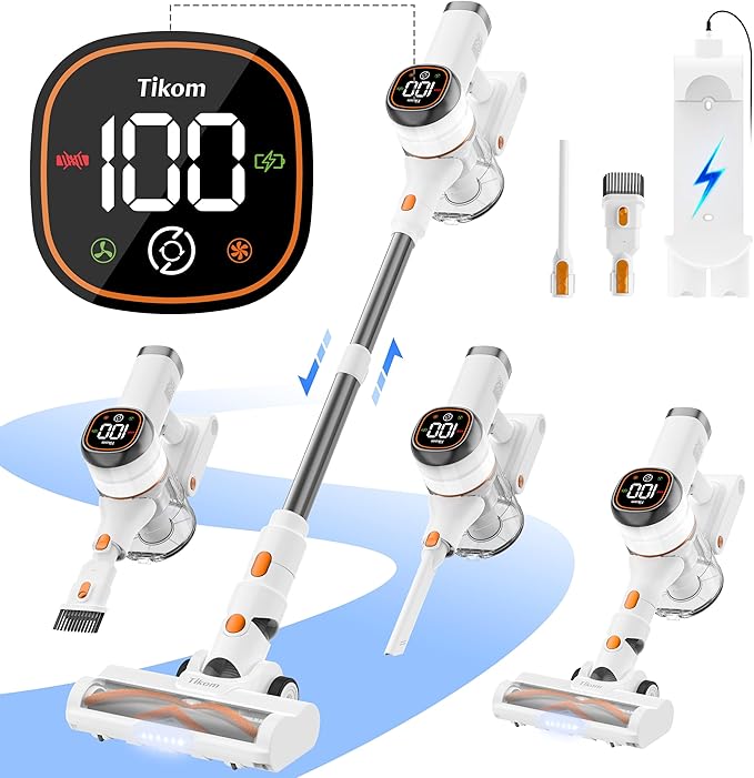 Tikom V500 Cordless Vacuum Cleaner for Home, 40000Pa/450W Stick Vacuum with LED Touch Screen, Charging Wall Dock, Anti-Tangle