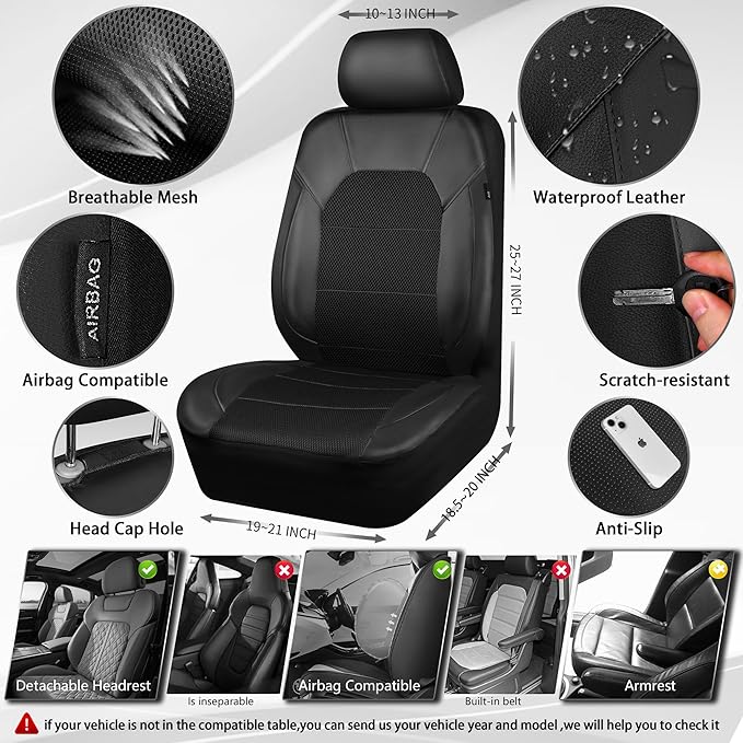 CAR PASS Leather and 3D Air Mesh Universal Fit Car Seat Covers, for Sedans,Trucks,Suvs,Airbag Compatible,Zipper Design and Re