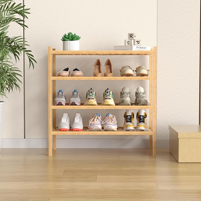 ROMGUAR CRAFT 4 Tier (Thick) Bamboo Shoe Rack for Closet Free Standing Wood Shoe Shelf for Entryway Small Space Stackable 27"