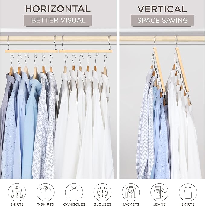 MORALVE Space Saving Hangers for Closet – 4 Pack European Beechwood 6-Tier Shirt Organizer with 360° Swivel Hook – Collapsibl