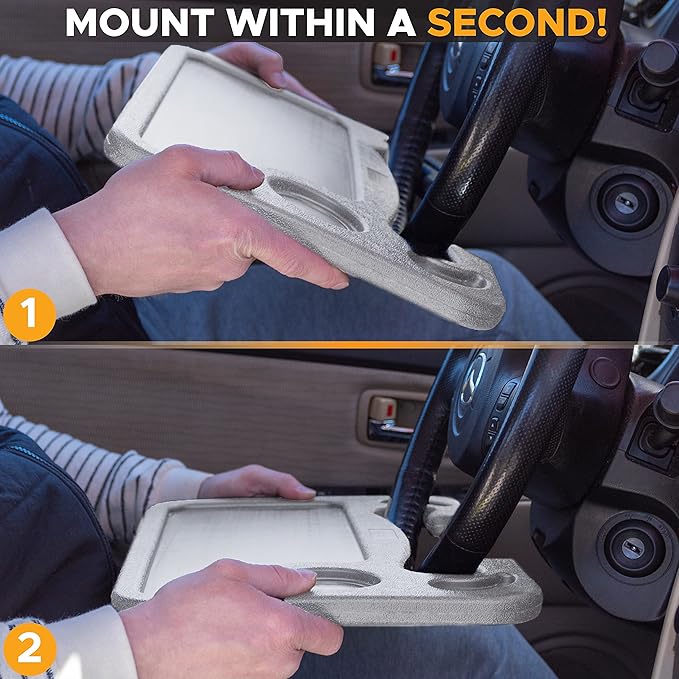 EcoNour 2 in 1 Car Steering Wheel Desk | Steering Wheel Tray for Laptop Car Mount with Pen Holder | Car Food Grey Tray for Eating with Drinks Holder | Multipurpose Travel Car Accessories