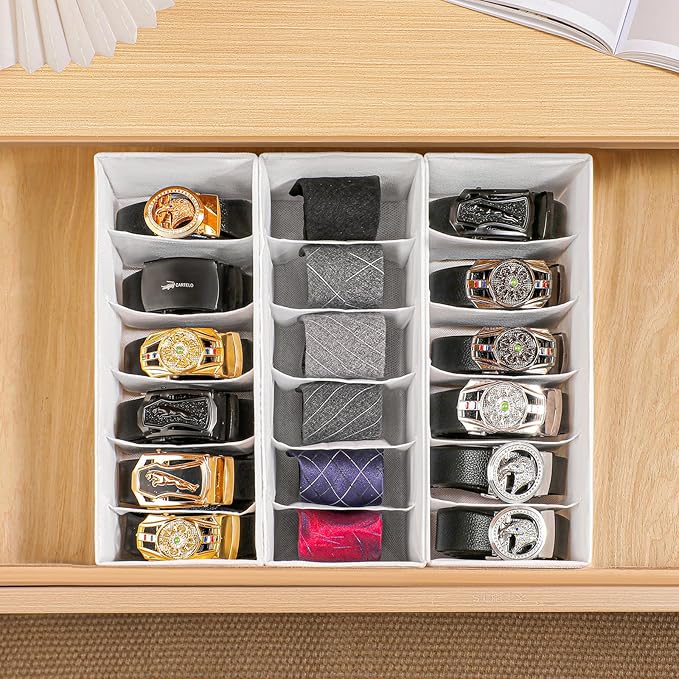 3 Packs Fabric Belt Organizer, 6 Grids Belt Organizer for Closet and Drawer, Foldable Dresser Drawer Organizers, Tie Holder -