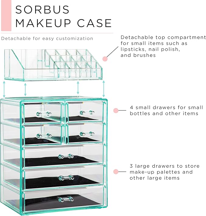Sorbus Acrylic Makeup Organizer Set, 7-Drawer Vanity & Countertop Cosmetic Storage with Small & Wide Compartments, Teal Thril