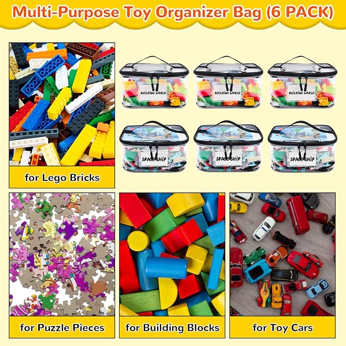 Tesuko 6 Pack Clear Toy Storage Bag with Name Tag& Manual Pocket, Waterproof Transparent PVC Toy Organizer Case for Lego Bric