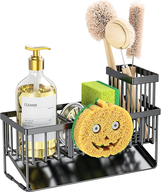 Cisily Kitchen Sink Caddy Organzier with High Brush Holder, Sponge Holder for Sink, 304 Rustproof Stainless, Kitchen Countert
