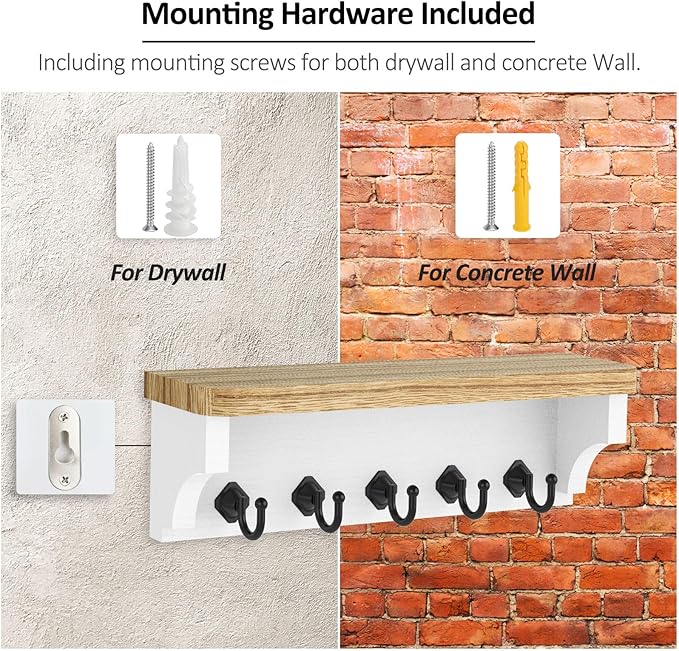 Nekon Key Holder for Wall, 11.8" W x 3.5" H x 2.8" D Decorative Key Organizer with Floating Shelf, Wall Mount Key Rack with 5