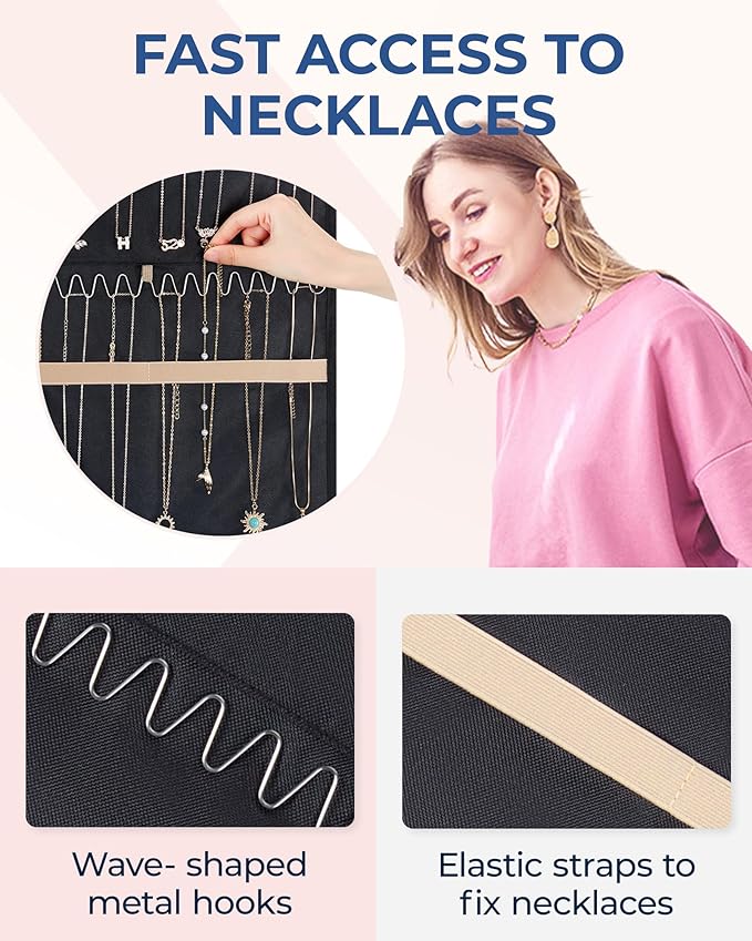 BAGSMART Hanging Necklaces Organizer Jewelry Holder Storage Roll with Hanger Metal Hooks Double-Sided Jewelry Organizer for N