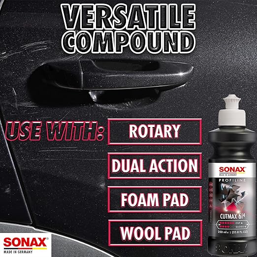 SONAX CutMax Cutting Compound | High-Abrasive Paint Correction Polish for P1500 Grit Sanding Marks | Silicone-Free, Dust-Free, and Odorless | Long Buffing Cycle for Severe Weathered Paint | 24650 | 5L