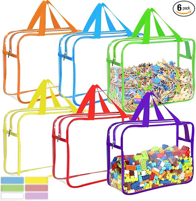 6 Color Large Toy Storage Bags with Labels, Reusable Clear PVC Board Game Storage, Travel Waterproof Organizer Bags with Zipp