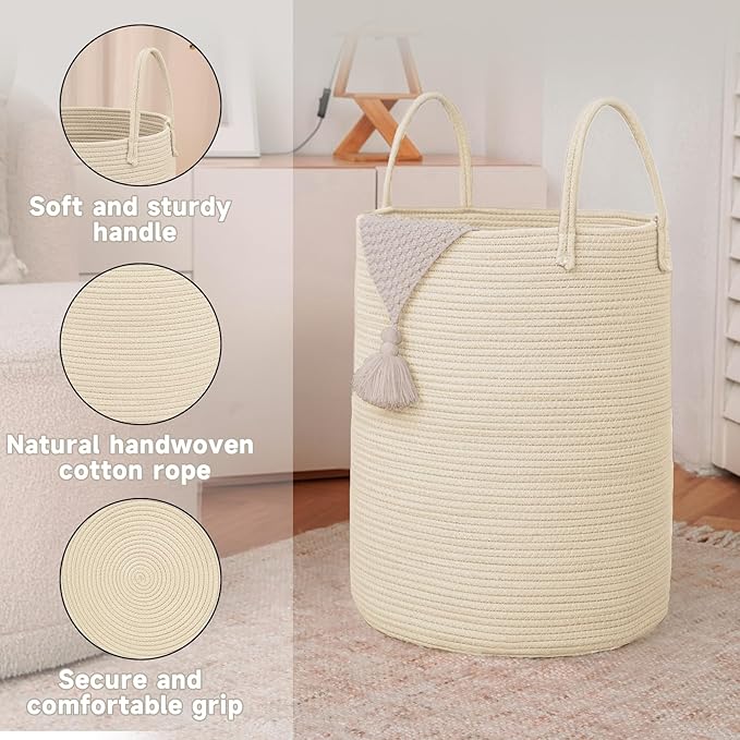 JMvicyroam Large Woven Laundry Basket Hamper,100L Cotton Rope Storage Bin for Blankets,Toys and Clothes,Decorative Tall Nurse