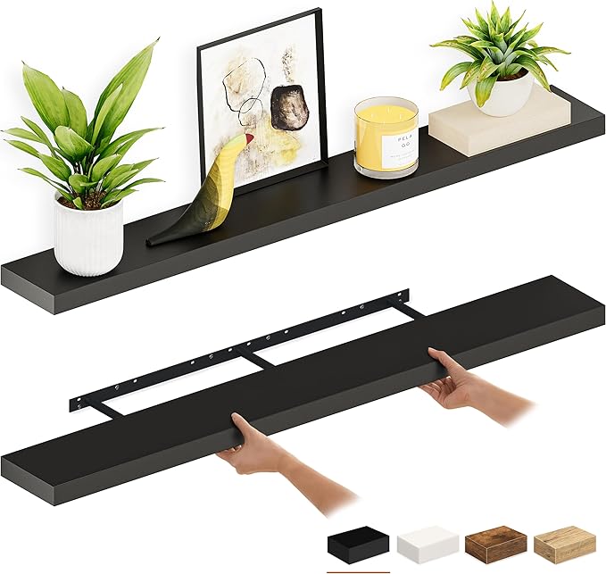 Ballucci Floating Shelves for Wall, 55 inch 2-Tier Black Shelf, Invisible Brackets, Wood Wall Shelf for Living Room, Bedroom,