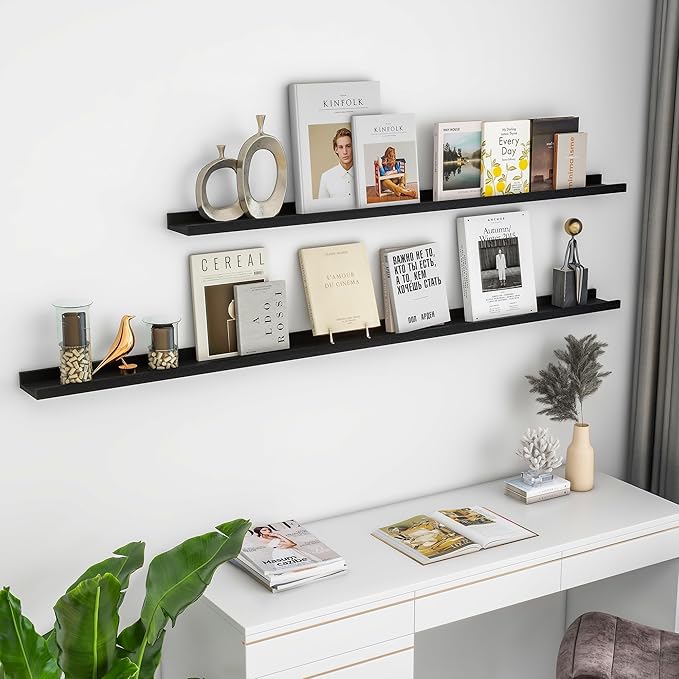 Picture Ledge Shelf for Wall, 24 inch Solid Pine Wood Nursery Book Shelves 2 Packs, Floating Ledge Shelves for Kids' Room Bed