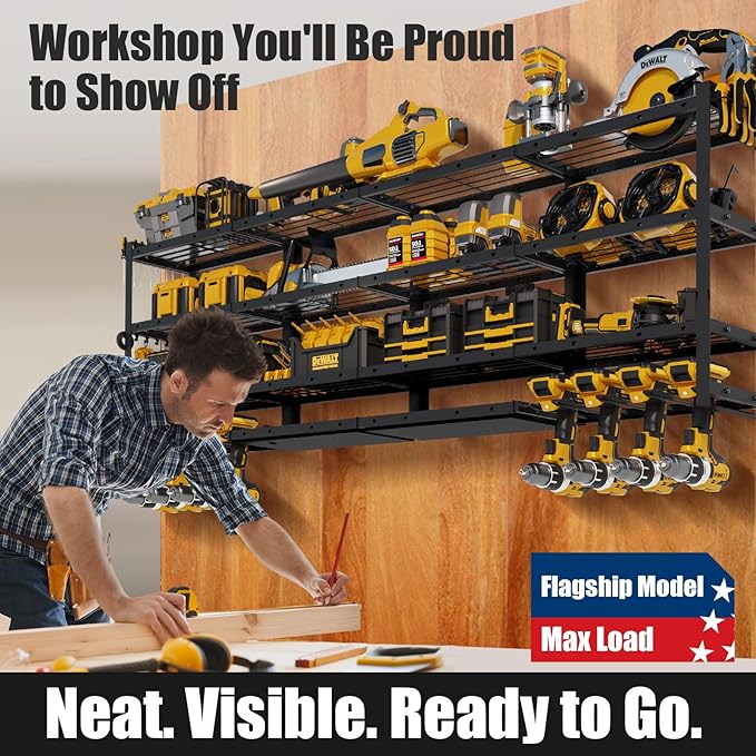 XLarge 64''W Power Tool Organizer Wall Mount | Modular&Corner-Fit 820lbs Garage Storage Rack with 8 Cordless Drill Holder | 4